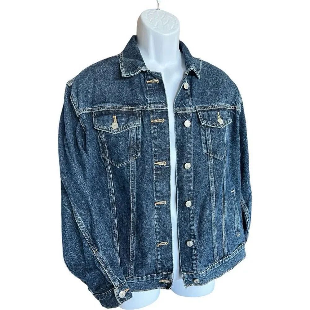 Mens Old Navy Boyfriend Trucker Dark Wash Distressed Denim Jean Jacket - Sz  M